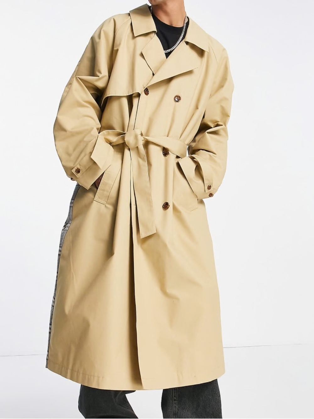ASOS Design Tan Double Breasted Trench Coat Check Back Panel